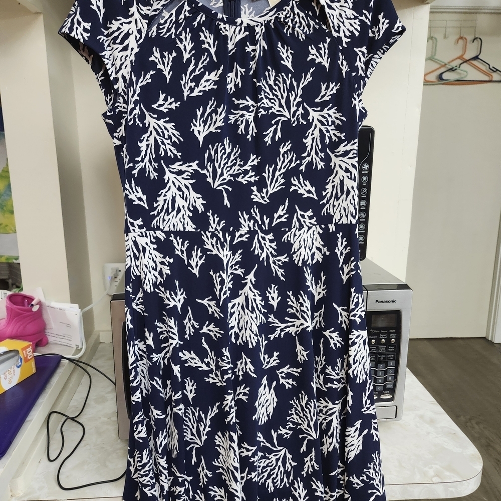 Michael Kors Navy and White Coral Pattern Midi Dress